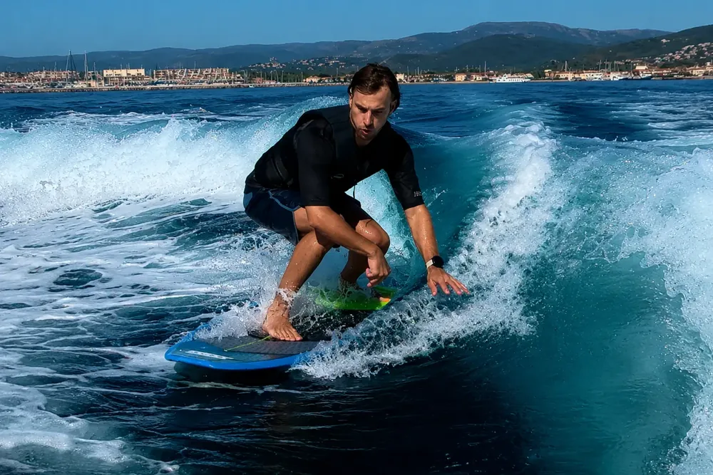 Wakesurf Saint-Tropez — session derrière le MasterCraft wakesurf Saint-Tropez session bateau MasterCraft golfe de Saint-Tropez